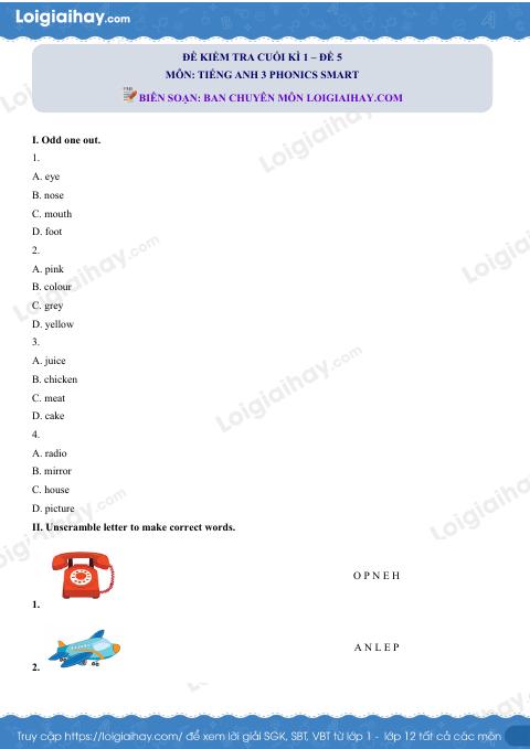 Đề thi học kì 1 Tiếng Anh 3 Phonics Smart - Đề số 5
